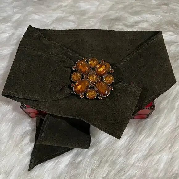 NEW Lake Shore Drive Suede Boho Crystal Flower Vintage Buckle Wide Waist Belt L